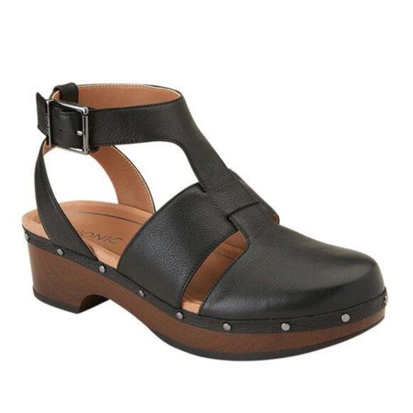 Vionic Faye T-Strap Leather Clog Sandals Women's 7 Black Studded Woven Strappy - Picture 16 of 16